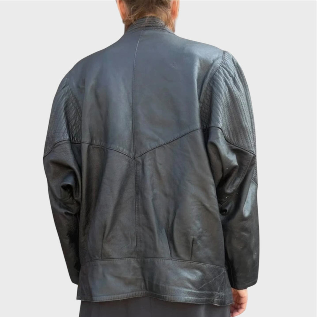 Dietro Giacca Vintage Anni '80 Donna - Vera Pelle Nera con Bottone Gioiello