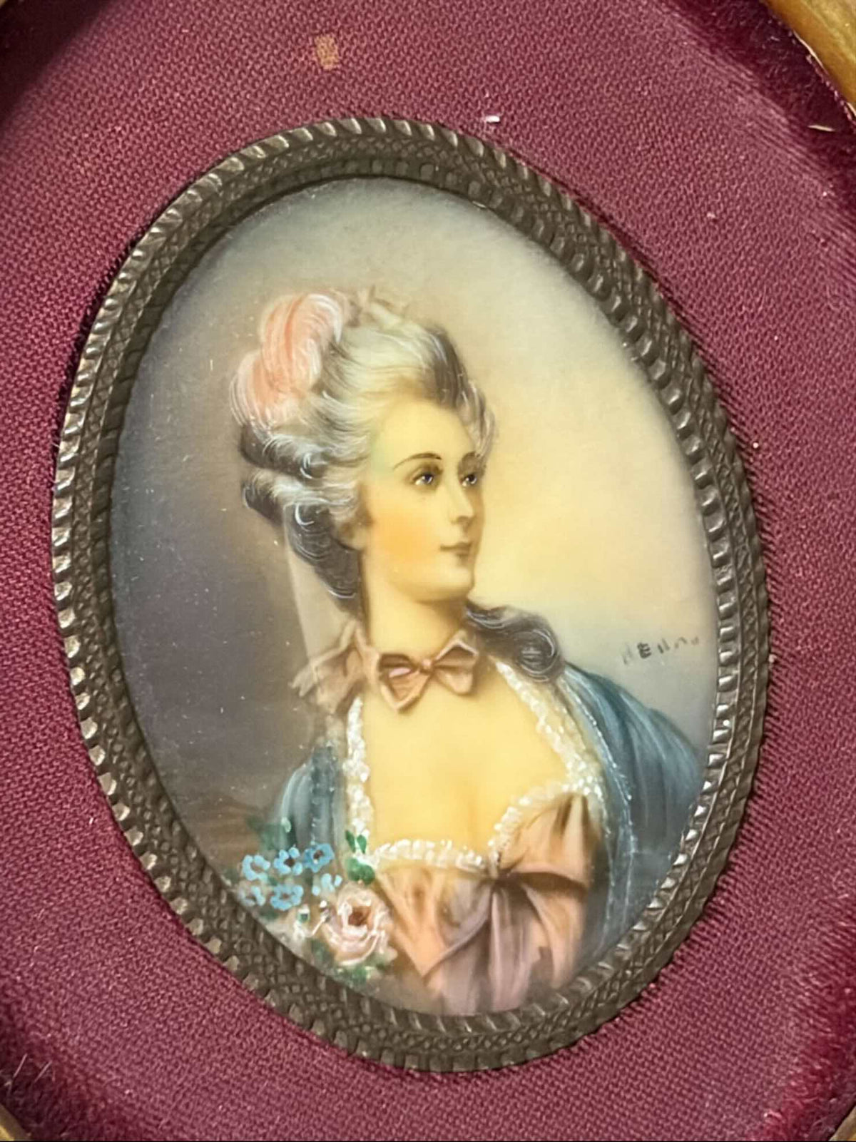 Quadretto Antico con Ritratto Femminile Miniatura - Cornice Dorata Ovale 