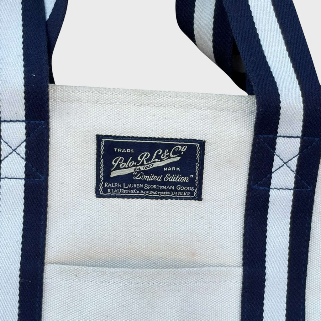 Ralph Lauren Borsa Tote Vintage in cotone bianco e blu. Con etichetta patch davanti