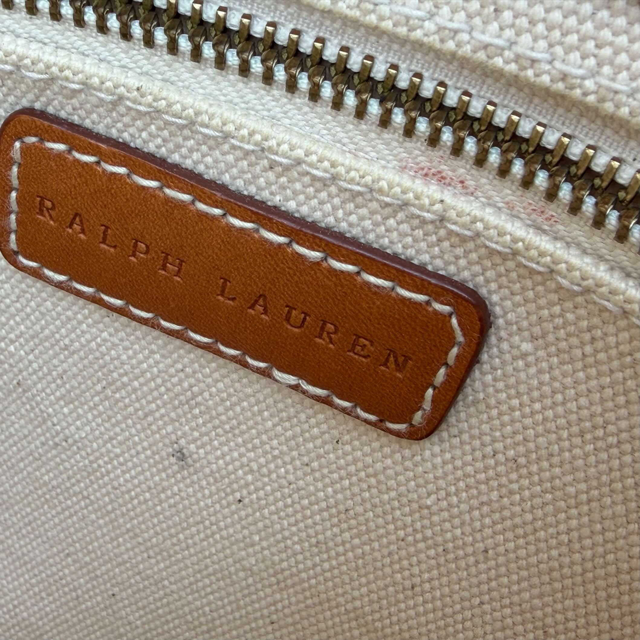 Etichetta interna cuoio Ralph Lauren Borsa Tote Vintage in cotone bianco e blu