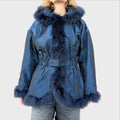 Anna Molinari Blumarine Giacca Vintage Blu Navy con Bordi in Piuma – Taglia 42 IT / 38 DE