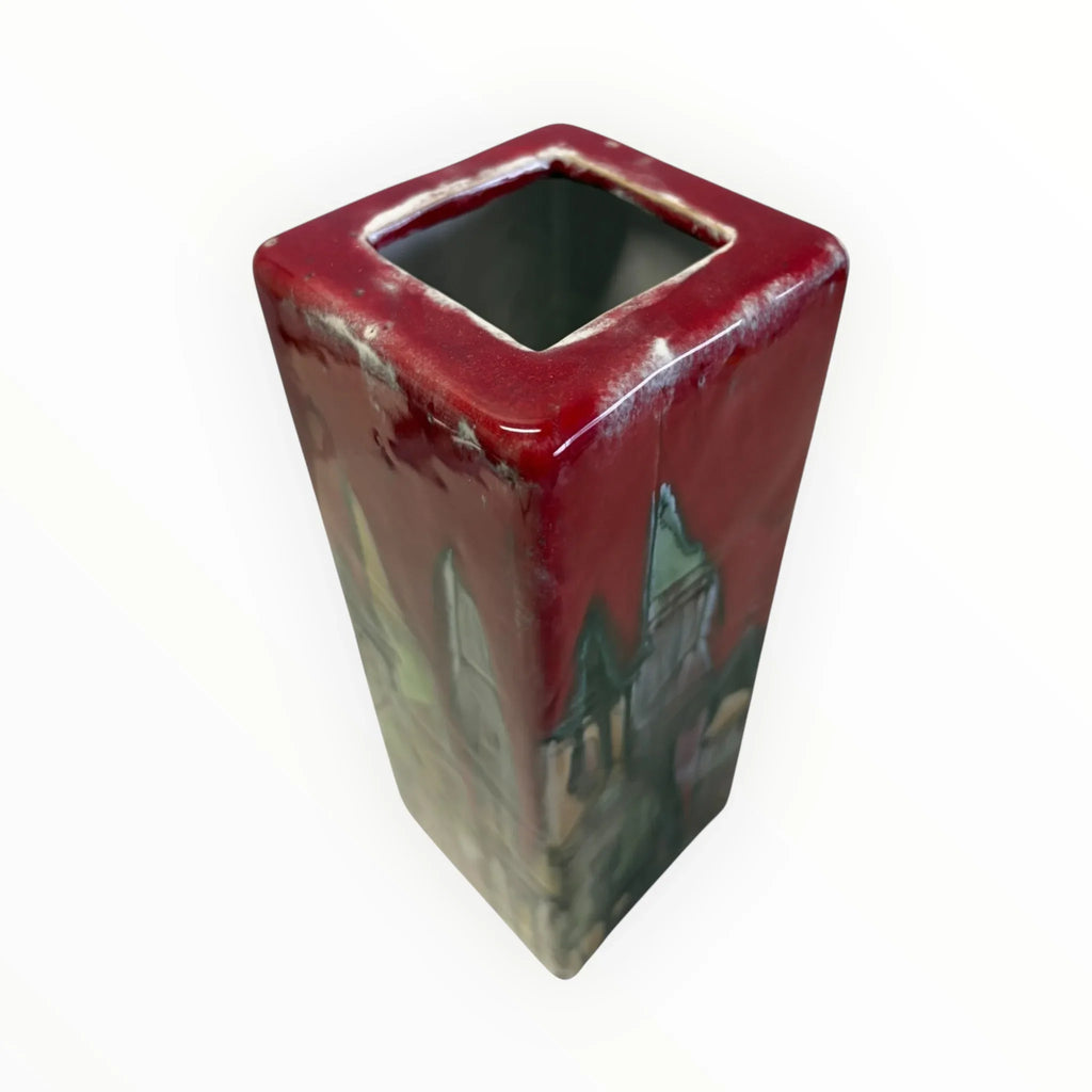 Elio Schiavon Red Ceramic Vase with City Motif