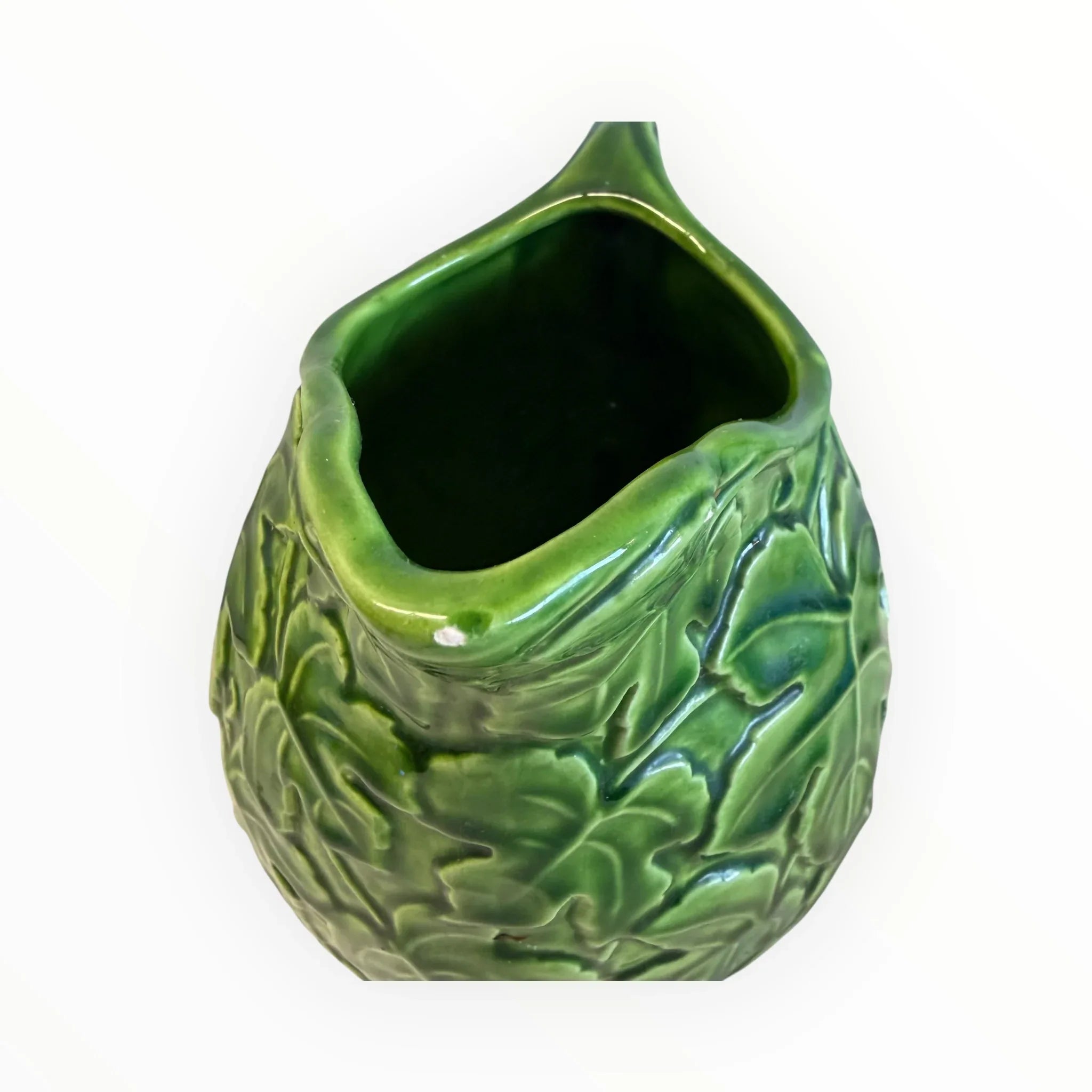 Caraffa brocca vintage in ceramica con foglie a rilievo