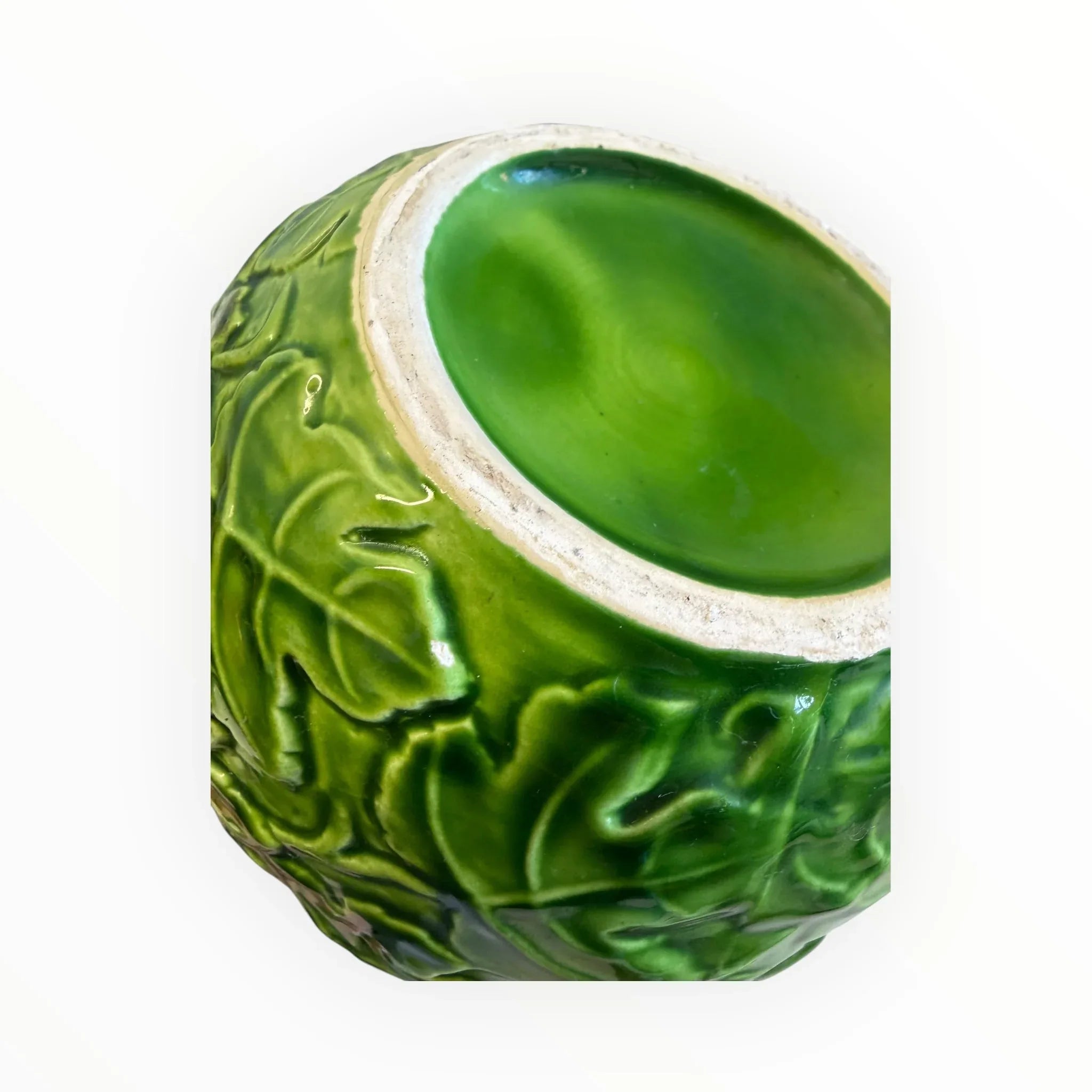 Caraffa brocca vintage in ceramica con foglie a rilievo