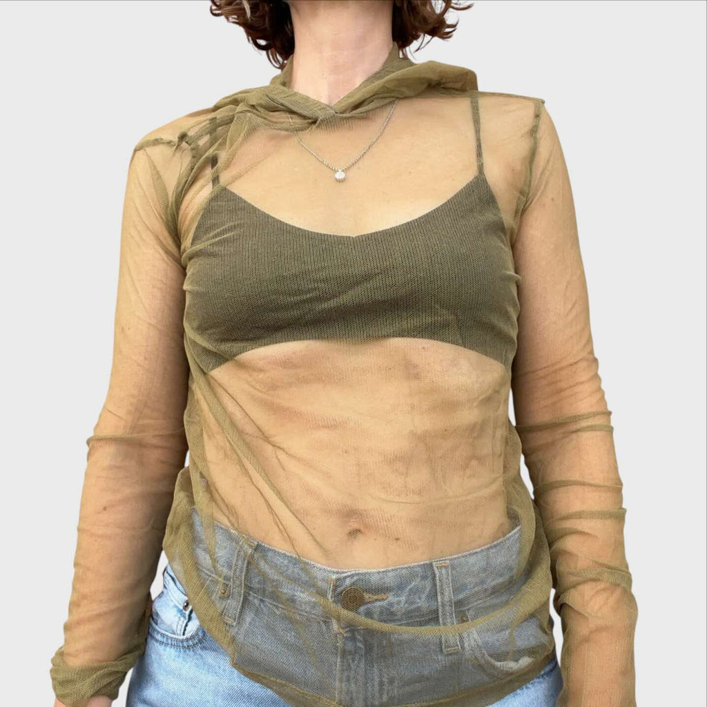 Helmut Lang maglia vintage in tulle trasparente verde cachi taglia L 