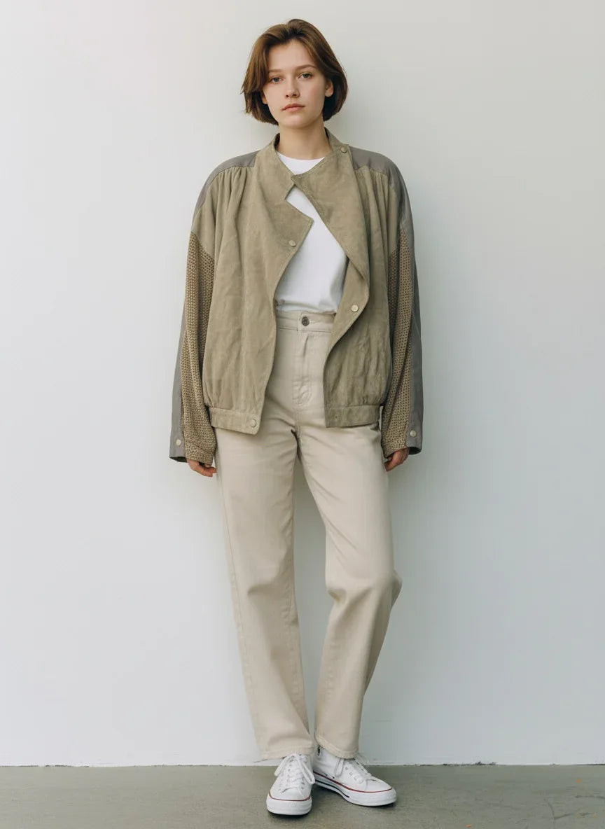 Blouson vintage années 80 en véritable cuir suédé beige