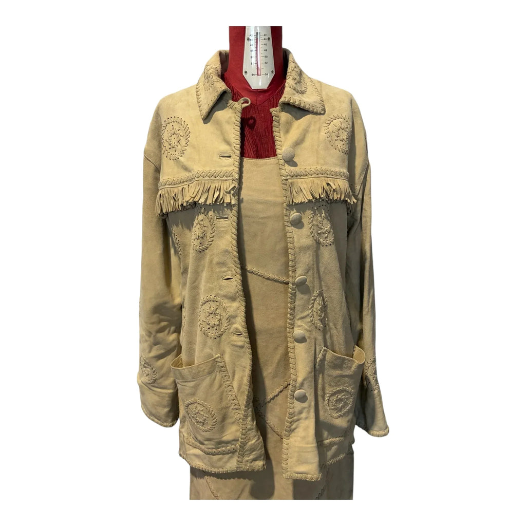 Completo vintage anni 80 vestito e giacca In pelle scamosciata beige