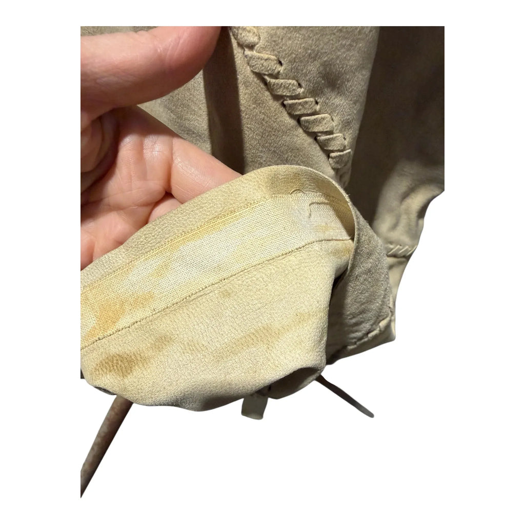 Completo vintage anni 80 vestito e giacca In pelle scamosciata beige dettaglio del  bordo abito da incollare 