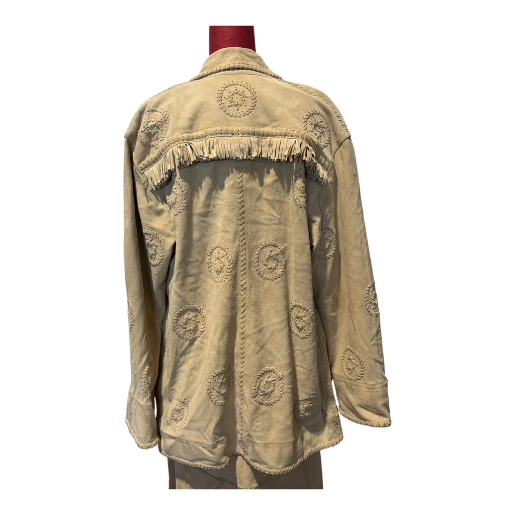 Completo vintage anni 80 vestito e giacca con frangie In pelle scamosciata beige