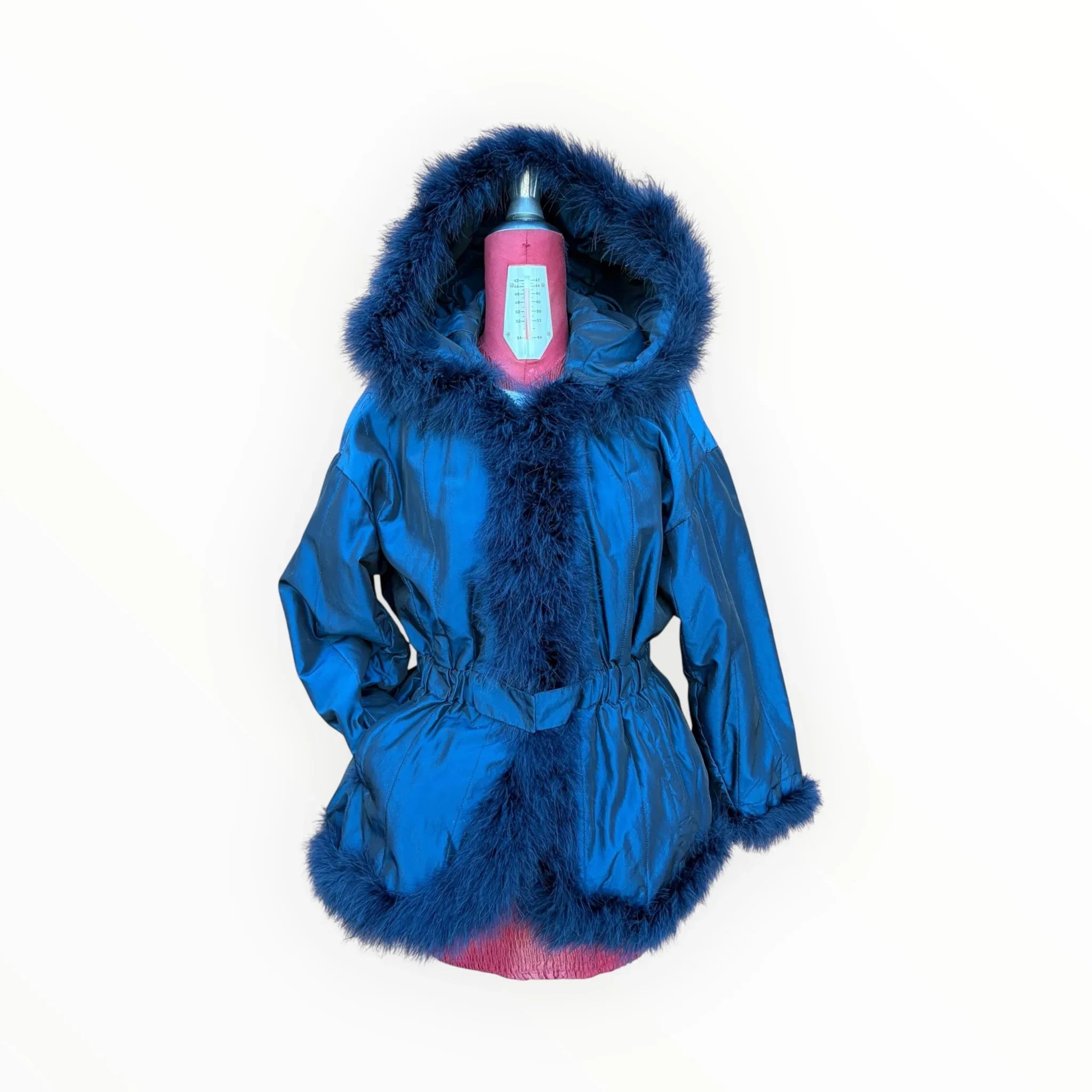 piumino vintage anna molinari con piume sul borso. colore blu cangiante