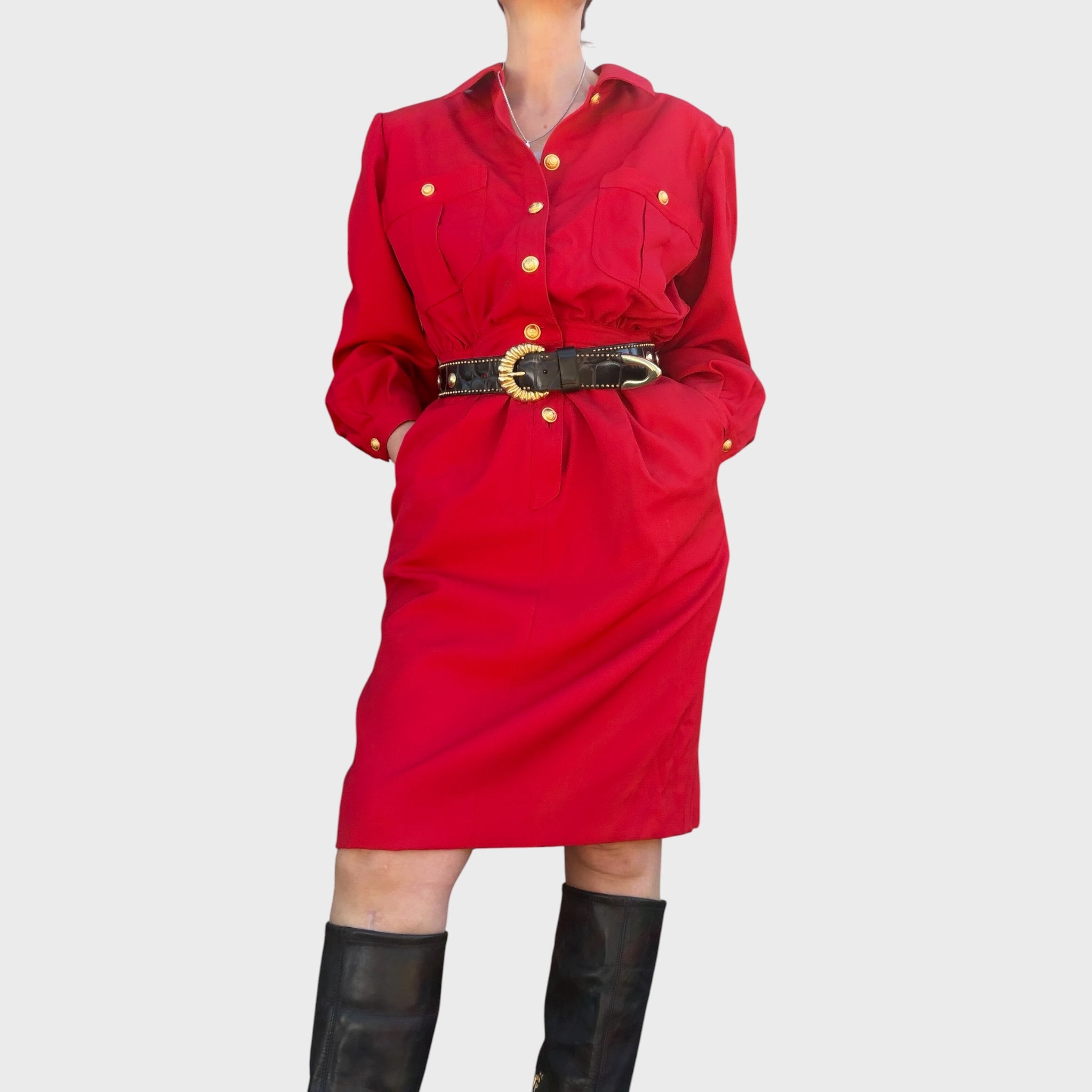 Vestito vintage Valentino Miss V in tessuto rosso con tasche